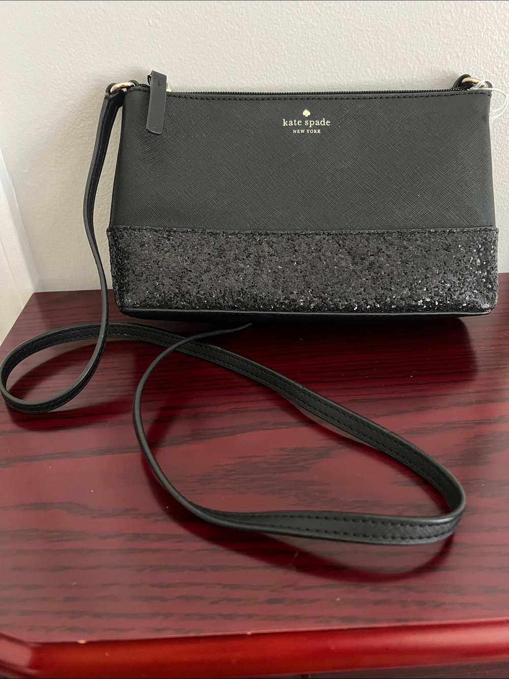 Kate Spade Ramey Black Saffiano Crossbody with Glitter Accent